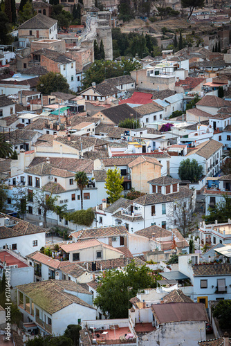 Close up view of the famous Albaicin neighborhood from San Miguel Alto balcony in Granada, Andalusia, Spain. The Albaicin is a UNESCO World Heritage Site.