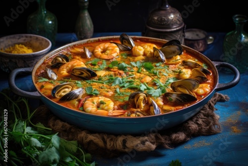 Tunisian Culinary Delight: Seafood Tagine with Saffron-Infused Broth - An Exotic Dish Bursting with Fragrant Flavors from the Heart of Mediterranean Cuisine.