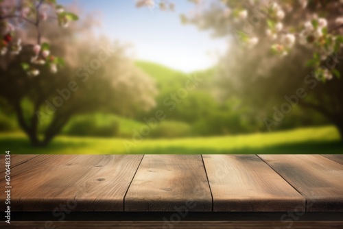 Empty wooden table top with a view of the spring blooming garden