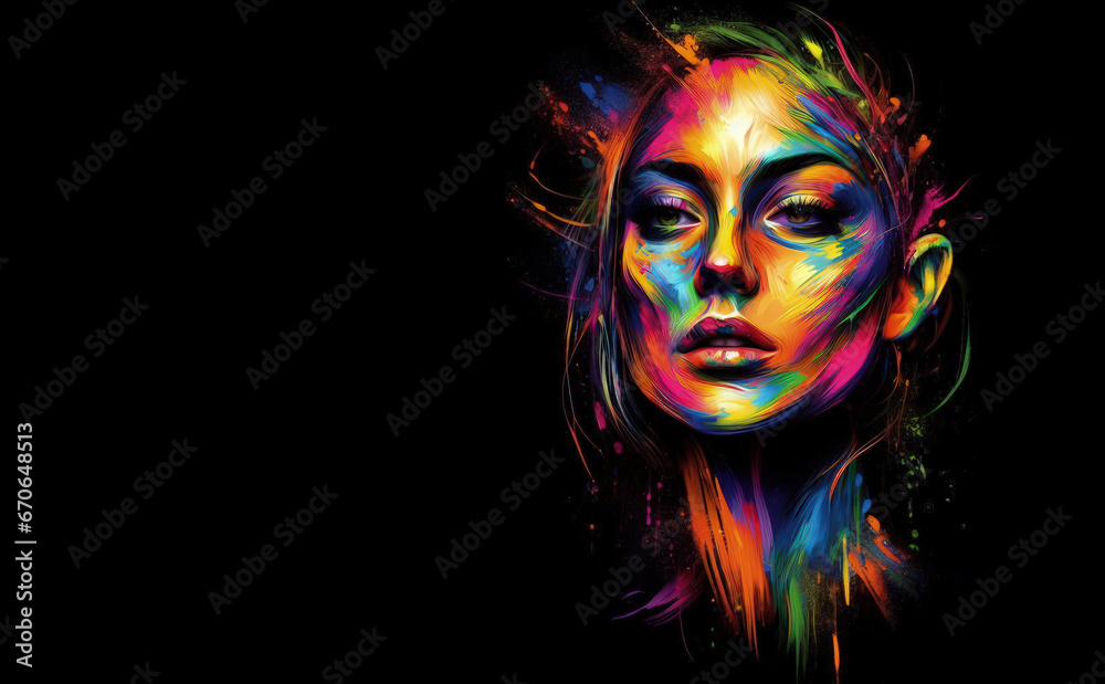 Vibrant Painted Portrait of a Young Beautiful Woman On Black Background.Watercolor, Oil painting, face paint