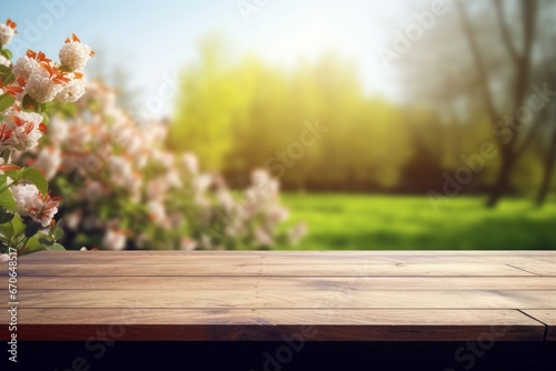 An empty table with a view of the spring blooming garden
