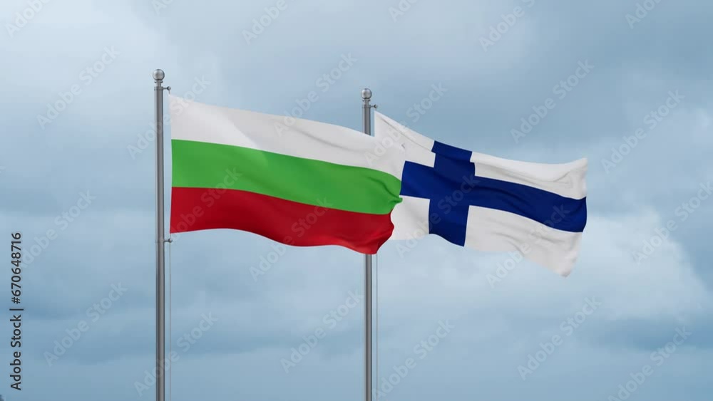 Finland flag and Bulgaria flag waving together on cloudy sky, endless seamless loop, two country relations concept Finland flag and Bulgaria flag waving together on cloudy sky, endless seamless loop, two country relations concept