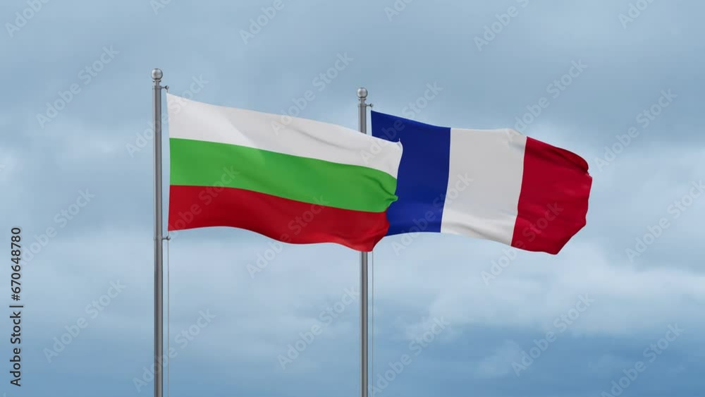 France and Bulgaria flags waving together on cloudy sky, endless seamless loop, two country relations concept