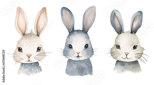 Set of watercolor cute bunnies isolated on white background.