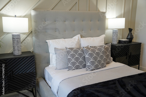 Canvas Print modern freshly made bed with pillows