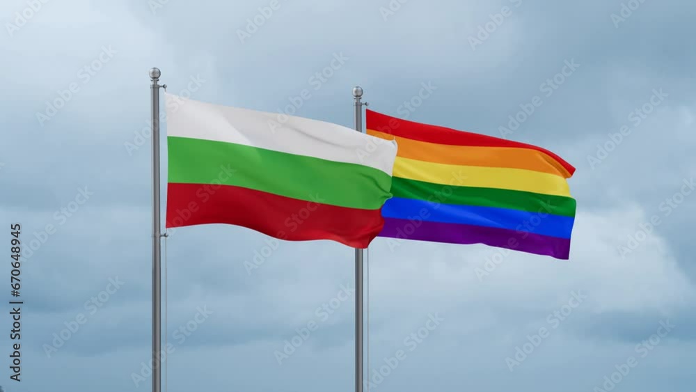 LGBT movement flag also Gay Pride and Bulgaria flag waving in the wind cycle looped video, tolerance conception in country