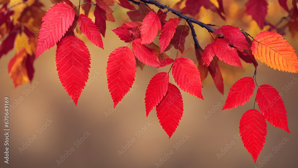 autumn red leaves on a branch with blur background