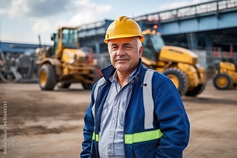 Mature Caucasian man with distinguished grey beard stands at construction site against tractors. Smiling Caucasian engineer in helmet with tablet in hands smiles posing. Mature Caucasian man with distinguished grey beard stands at construction site against tractors. Smiling Caucasian engineer in helmet with tablet in hands smiles posing.