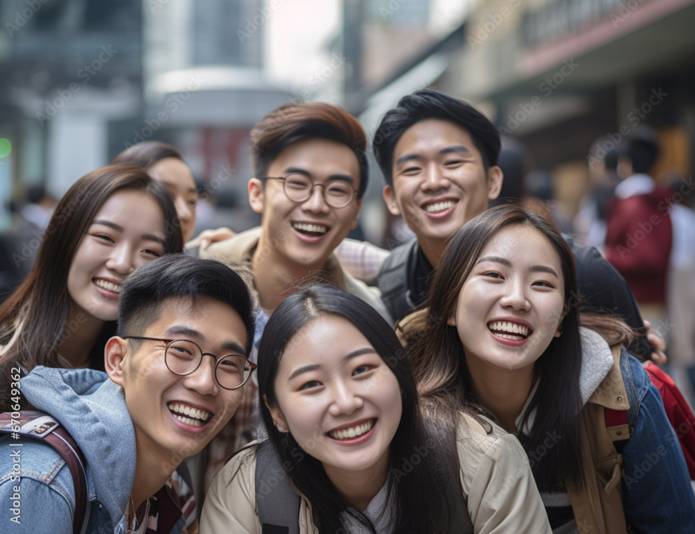 Group of young Asian students having fun in the city Group of young Asian students having fun in the city