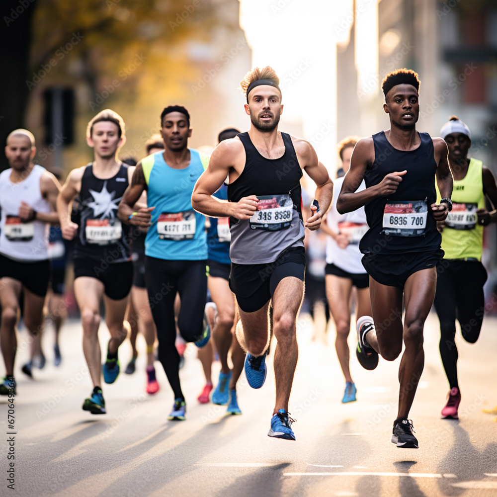 Group of diverse runners running in a marathon Group of diverse runners running in a marathon