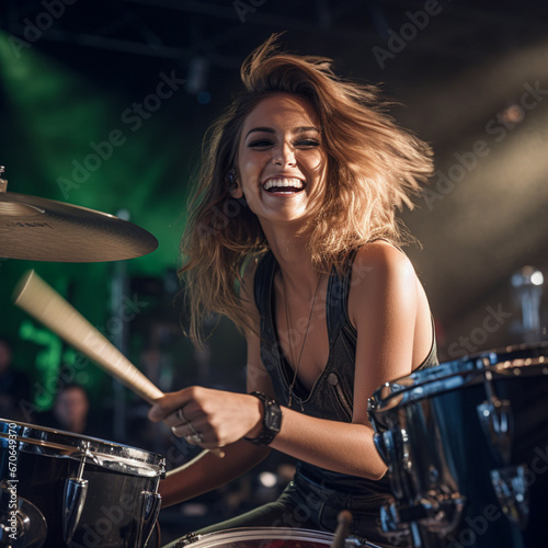 Carefree young caucasian woman playing drums during a concert