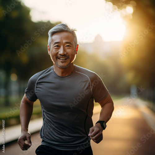 Middle aged man asian wearing sportswear running during sunset in a park