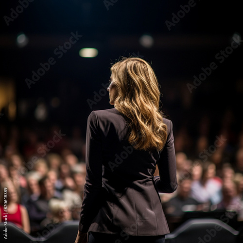 Business woman from behind speaking from a stage to an auditorium photo