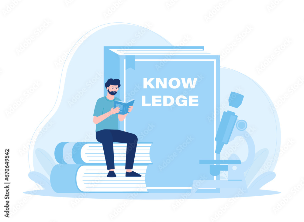 Students sit on books and read concept flat illustration Students sit on books and read concept flat illustration