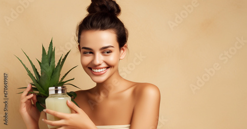 Healthy woman spa model applying organic cream to her skin. Facial treatment and skin care concept. Generative AI.
