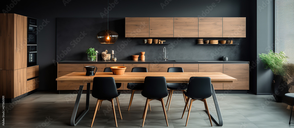 Interior of modern kitchen with gray walls, concrete floor, grey ...