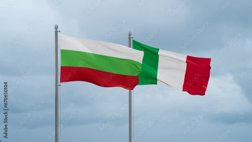 Italy and Bulgaria flag waving together on cloudy sky, endless seamless loop, two country cooperation concept Italy and Bulgaria flag waving together on cloudy sky, endless seamless loop, two country cooperation concept