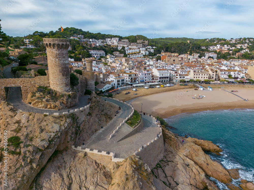 Aerial drone photo of the coastal town named Tossa de Mar in the Costa Brava, Spain. 