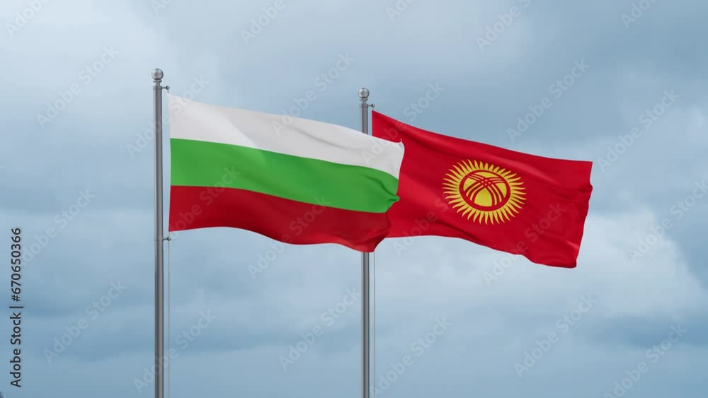 Kyrgyzstan flag and Bulgaria flag waving together on cloudy sky, endless seamless loop, two country relations concept