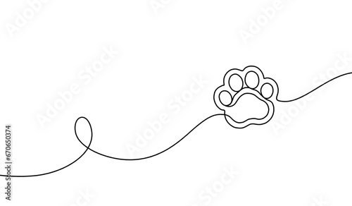 Paw continuous line drawing. One single hands drawn contour lines dog or cat. Design prints. Mark footprint oneline. Black lineart sketch outline isolated on white background. Vector illustration