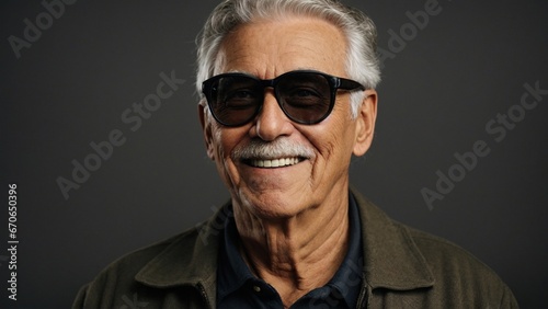 Close-up high-resolution image of a cool elderly man with sunglass smiling at camera in a photo studio. Generative AI.