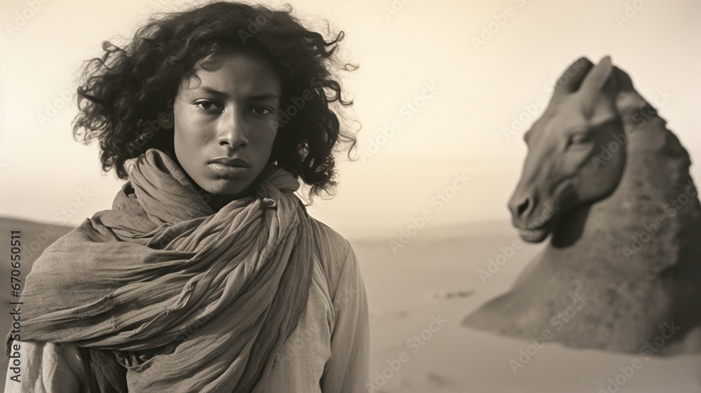 Vintage sepia toned B&W portrait of a young Ethiopian model in the sahara desert. In the style of a documentary movie still.  - obrazy, fototapety, plakaty 