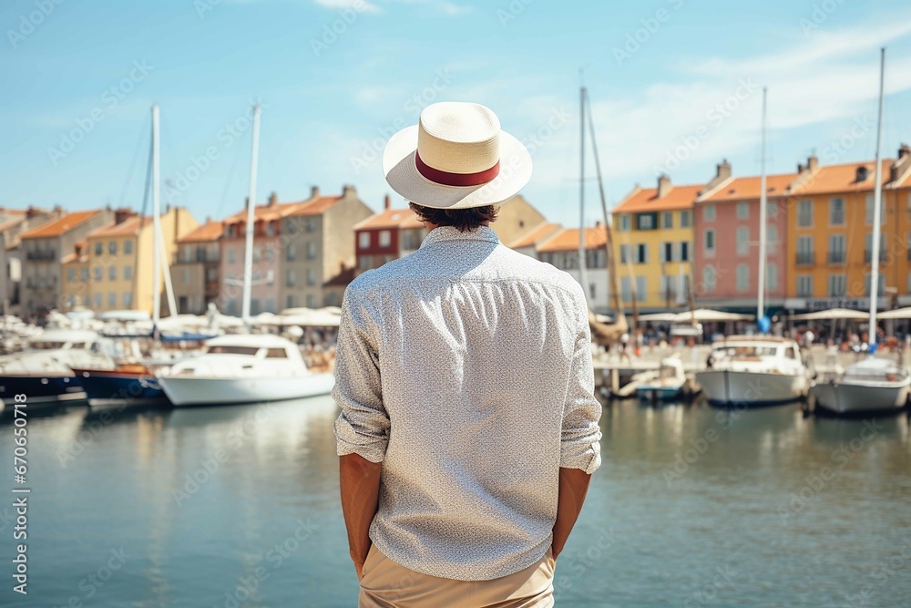 Back view of man in vacation in france