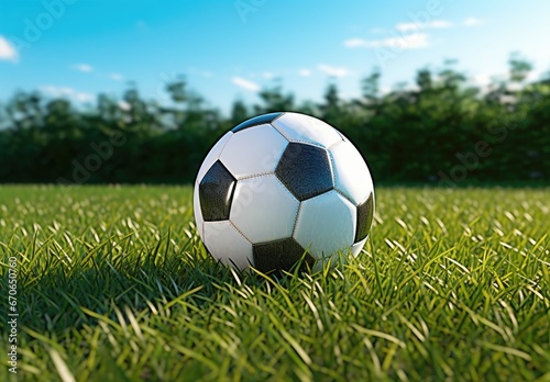 A soccer ball on a green lawn. Soccer field on the background of the forest with the rays of the setting sun. Banner of sports theme. Can be used for advertising  marketing or presentation.