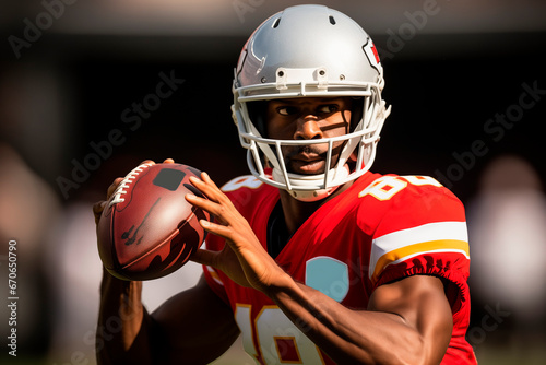 an NFL player ready to make a precise pass in a red and white football uniform and a gleaming white helmet. This dynamic shot captures the intensity and concentration of a professional football player
