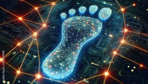 Digital Footprint Concept, Circuit Board Foot Shape, Online Data Trace, Cybersecurity, Privacy Awareness, Tech Imprint, Data Trail Visualization.
