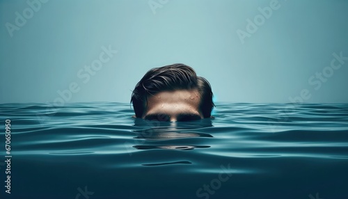 Man's Face Half-Submerged in Water, Concept of Resilience, Stay Afloat, Overcoming Stress, Emotional Control, Mental Strength, Calm Under Pressure.