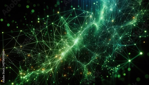 Abstract Neural Network Background with Connecting Dots and Lines in Green, Technology and AI Concept.