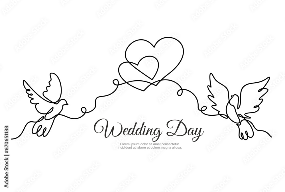 Hand drawn one line vector.Wedding day. Wedding rings and two hearts vector one continuous line art. Illustration with quote template. Can used for logo, banner, booklet, flyer, brochure Hand drawn one line vector.Wedding day. Wedding rings and two hearts vector one continuous line art. Illustration with quote template. Can used for logo, banner, booklet, flyer, brochure