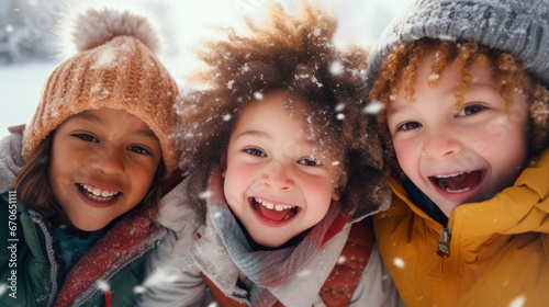 a group of multicultural young children laugh together in the snow in winter