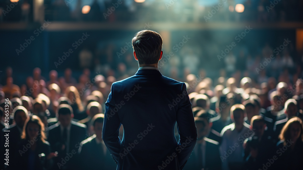 Back view of motivational speaker standing on stage in front of audience for motivation speech on conference or business event. - obrazy, fototapety, plakaty 