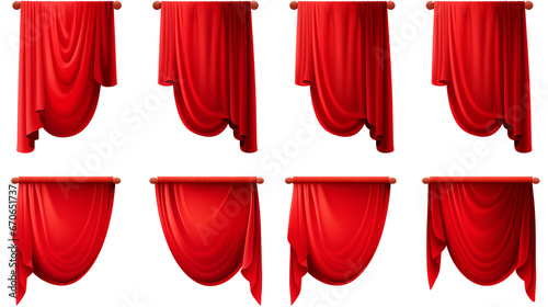 Set of red realistic luxury curtain cornice decor domestic fabric interior drapery textile lambrequin  velvet illustration isolated on transparent background. Generative AI