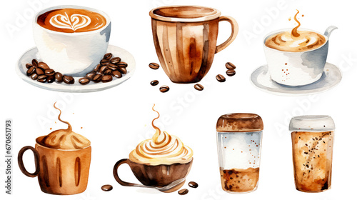 Watercolor illustration sketch coffee cup glass foam aroma grain clipart set on transparent background generative AI photo