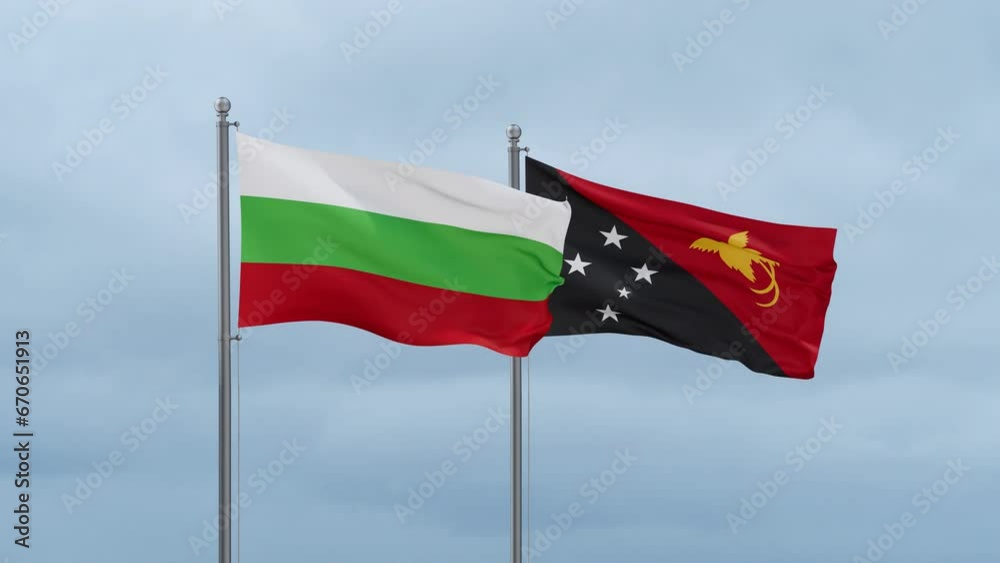 Papua New Guinea flag and Bulgaria flag waving together on cloudy sky, endless seamless loop, two country relations concept Papua New Guinea flag and Bulgaria flag waving together on cloudy sky, endless seamless loop, two country relations concept