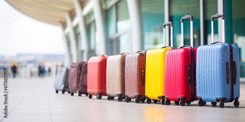 Several suitcases in front of the airport check-in hall, vacation, relocation, summer vacation and travel concept.