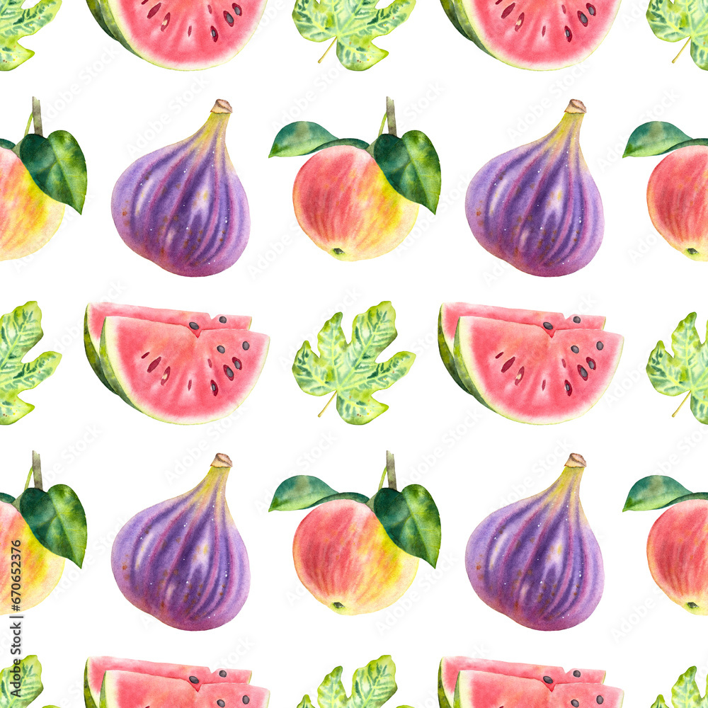 Hand drawn watercolor fruit pattern with fig, apple and watermelon. Seamless fruit pattern. Hand drawn watercolor fruit pattern with fig, apple and watermelon. Seamless fruit pattern.