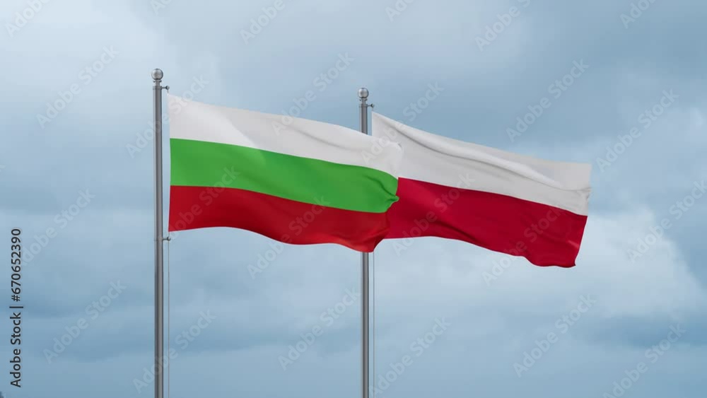 Poland and Bulgaria flag waving together on cloudy sky, endless seamless loop, two country cooperation concept Poland and Bulgaria flag waving together on cloudy sky, endless seamless loop, two country cooperation concept