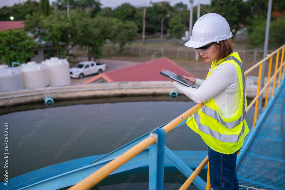 Naklejka premium Environmental engineers work at wastewater treatment plants,Water supply engineering working at Water recycling plant for reuse,Check the amount of chlorine in the water to be within the criteria.