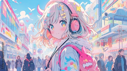A girl walking on the streets of Harajuku, listening to music with stylish headphones 80s anime rainbow retro fashion photo