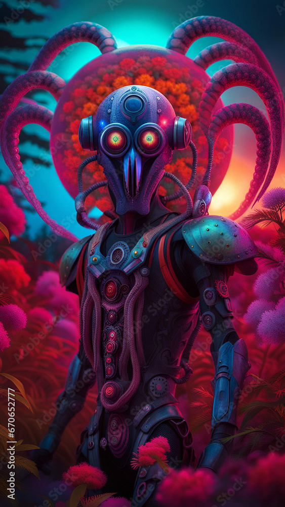 Fototapeta premium alien cyborg exploring alien planet with many plants, science fiction scenery, generative ai illustration, concept, painting style, sky and clouds
