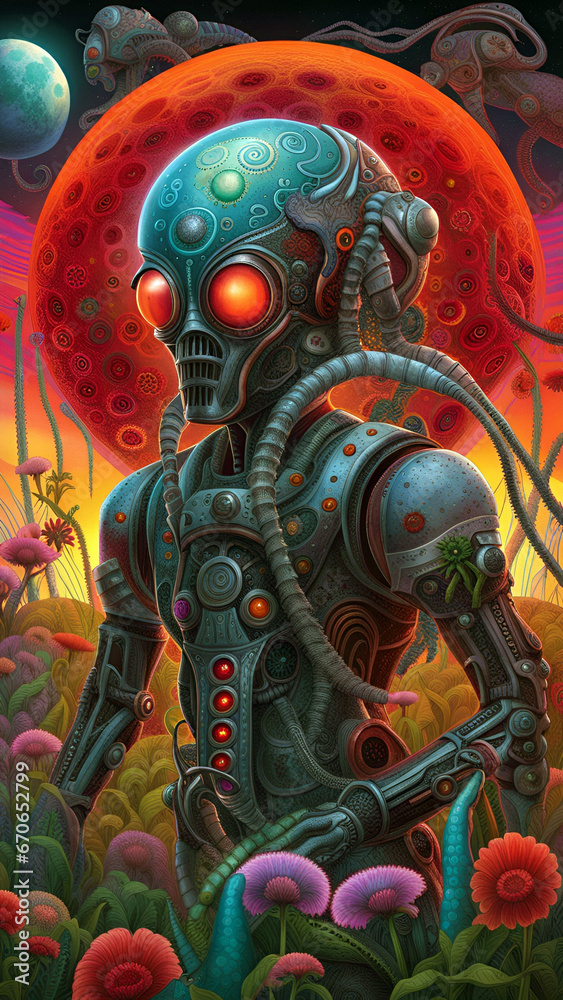 Alien Cyborg Exploring Alien Planet With Many Plants Science Fiction