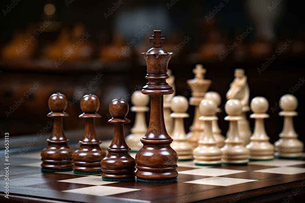 A Classic Game of Strategy Exquisite Wooden Chess Pieces on a Vintage Chessboard, Wooden chess pieces on a chessboard