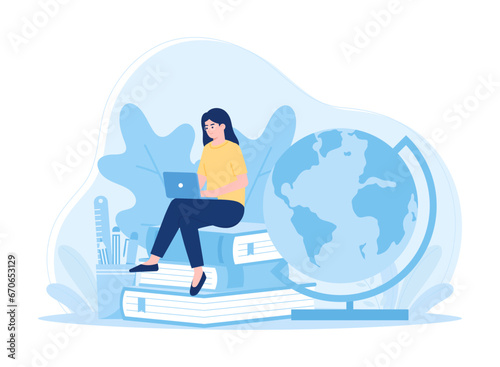 Female student sitting and reading a book concept flat illustration