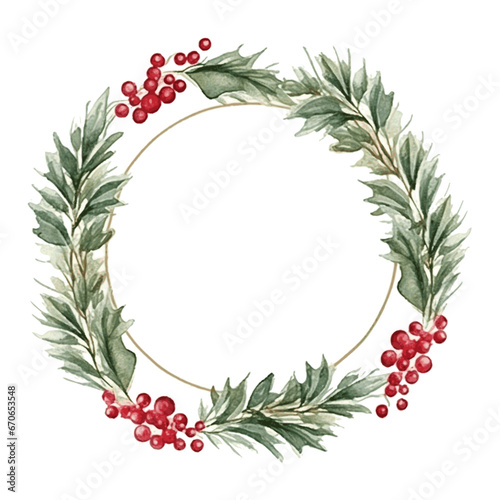 Christmas wreath with Poinsettia flowers, cranberry and holly berry and golden line border for holiday card decor