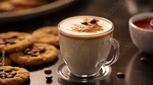 Cappuccino with chocolate chips and cookies on a dark background. Latte Art Concept With Copy Space