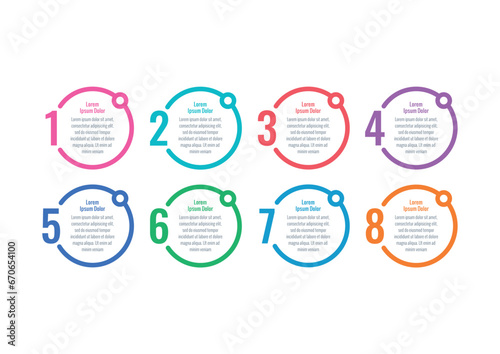 eight steps infographic template. colored circles informational template. internet, business, web, annual report, magazine infographic template